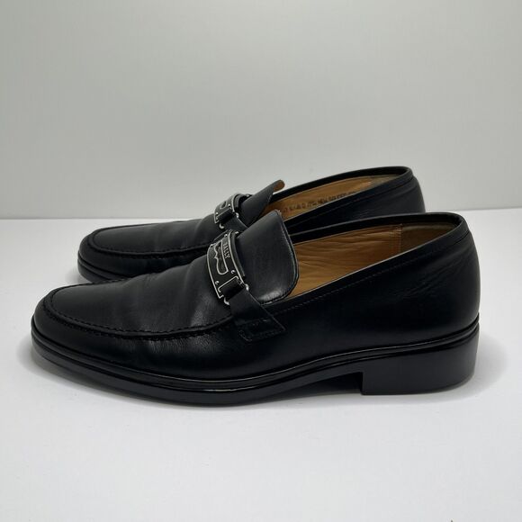 BALLY Black Leather Loafers Dress Shoes Silver Buckle Logo Men’s Size 8 D RARE